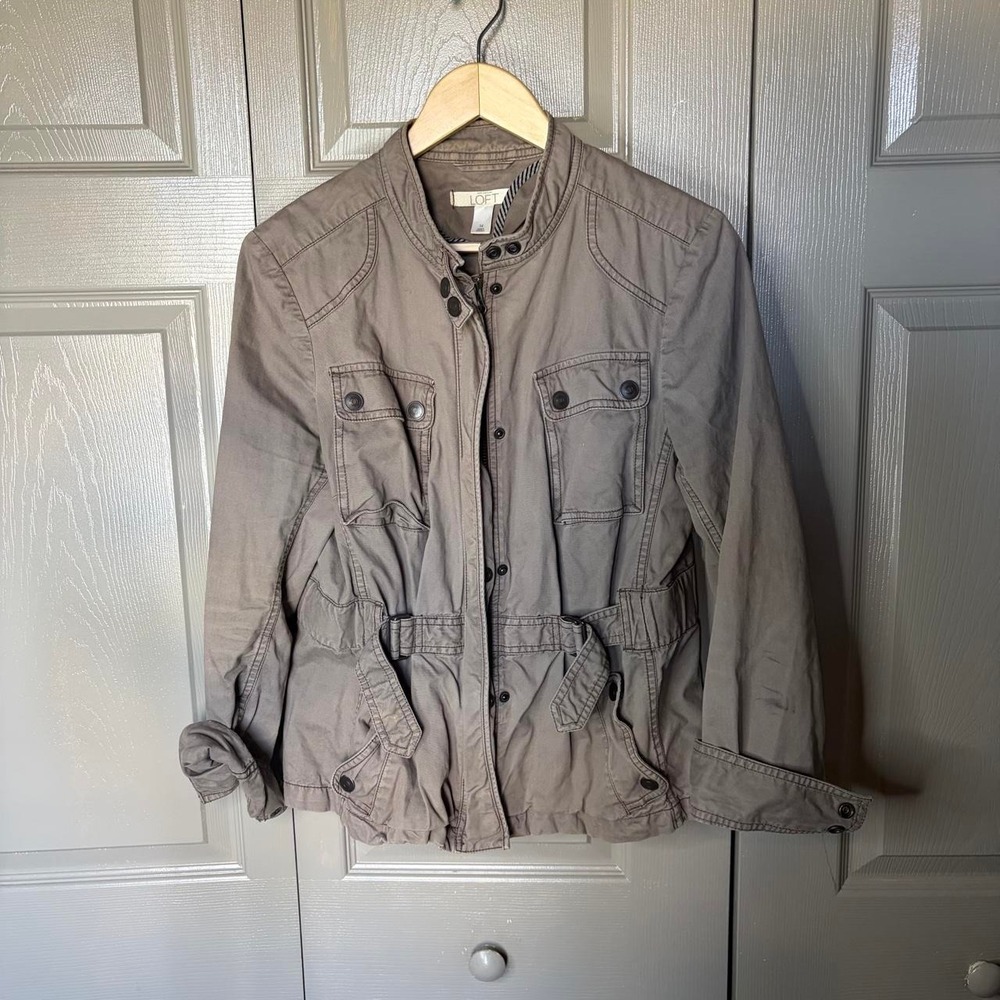Ann Taylor Loft Women Khaki Utility Jacket Size 14 Y2K Military Field Coat Grey